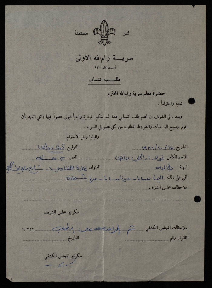 Nicola Boulos' Membership Application, Sareyyet Ramallah, 1987