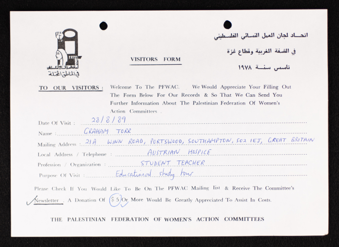  طلب تعبئة نموذج خاص بمعلومات حول نزلاء اتحاد لجان العمل النسائي الفلسطيني في الضفة الغربية وقطاع غزة، 1989