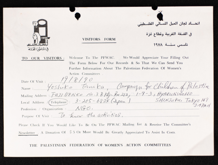 طلب تعبئة نموذج خاص بمعلومات حول نزلاء اتحاد لجان العمل النسائي الفلسطيني في الضفة الغربية وقطاع غزة، 1990