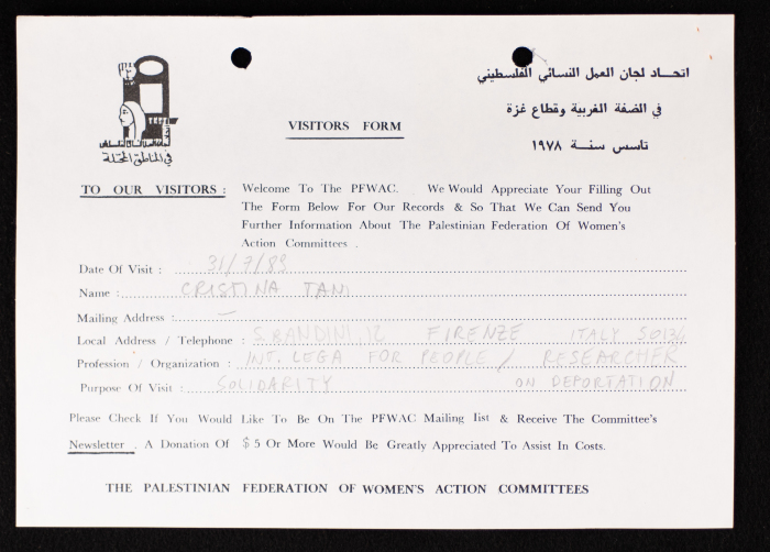 The PFWAC in Gaza and the West Bank, the Visitors Form, 1988