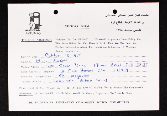 The PFWAC in Gaza and the West Bank, the Visitors Form, 1988