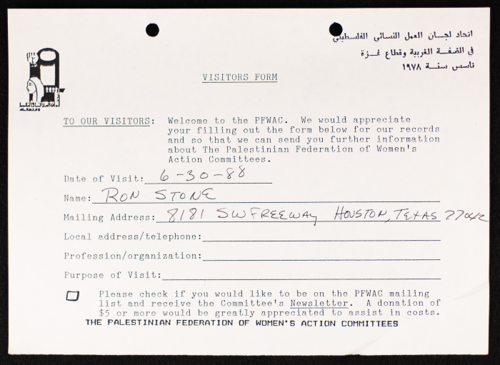 The PFWAC in Gaza and the West Bank, the Visitors Form, 1988