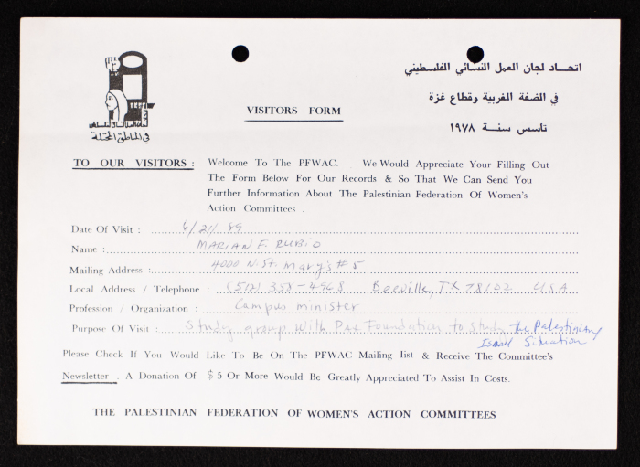 The PFWAC in Gaza and the West Bank, the Visitors Form, 1989