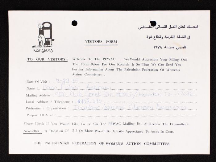 The PFWAC in Gaza and the West Bank, the Visitors Form, 1989