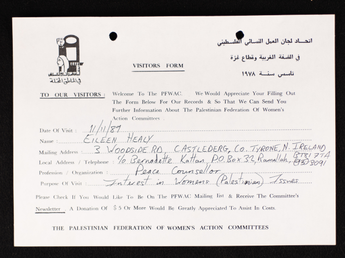 The PFWAC in Gaza and the West Bank, the Visitors Form, 1989