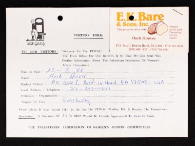 The PFWAC in Gaza and the West Bank, the Visitors Form, 1988