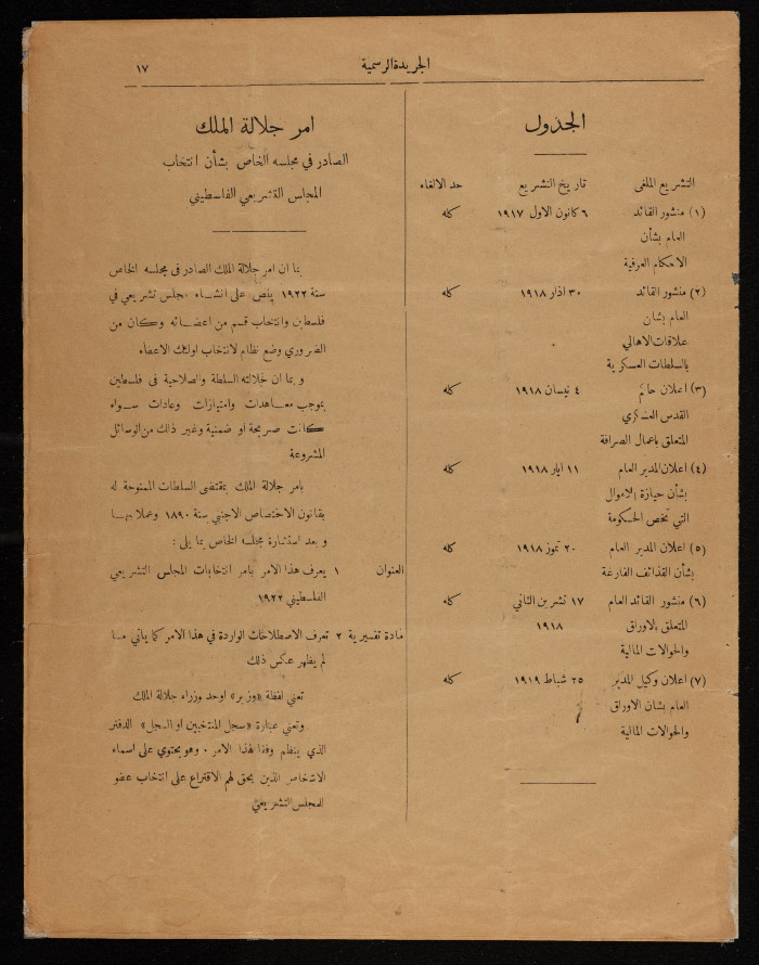 An Issue from the Official Palestine Government Newspaper, 1 September 1922