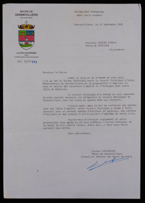 A Letter from Gennevilliers Mayor to Nablus Mayor Bassam Shak
