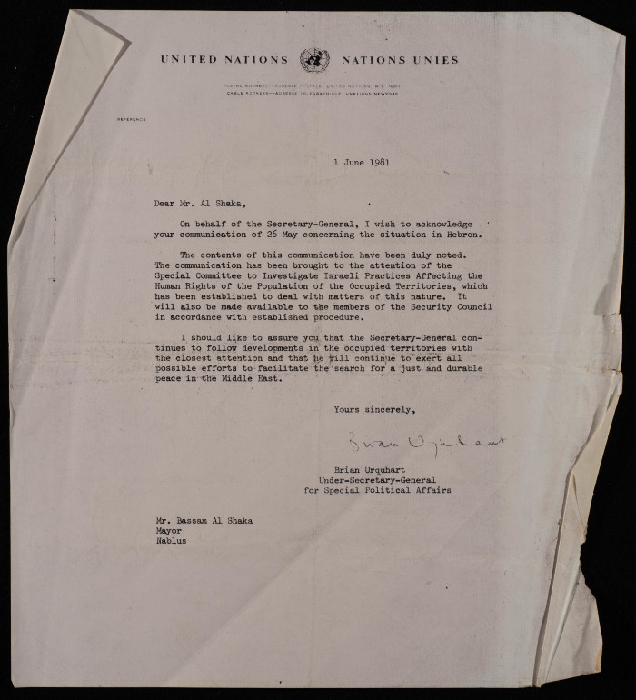 A Letter from Under-Secretary-General for Special Political Affairs Brian Urquhart to Nablus Mayor Bassam Shak'a, 1 June 1981