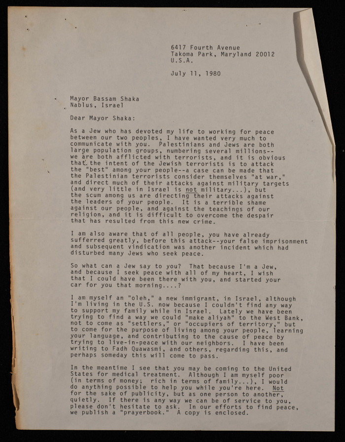 A Letter from Kenneth Freeman to Nablus Mayor Bassam Shak'a, USA, 11 July 1980
