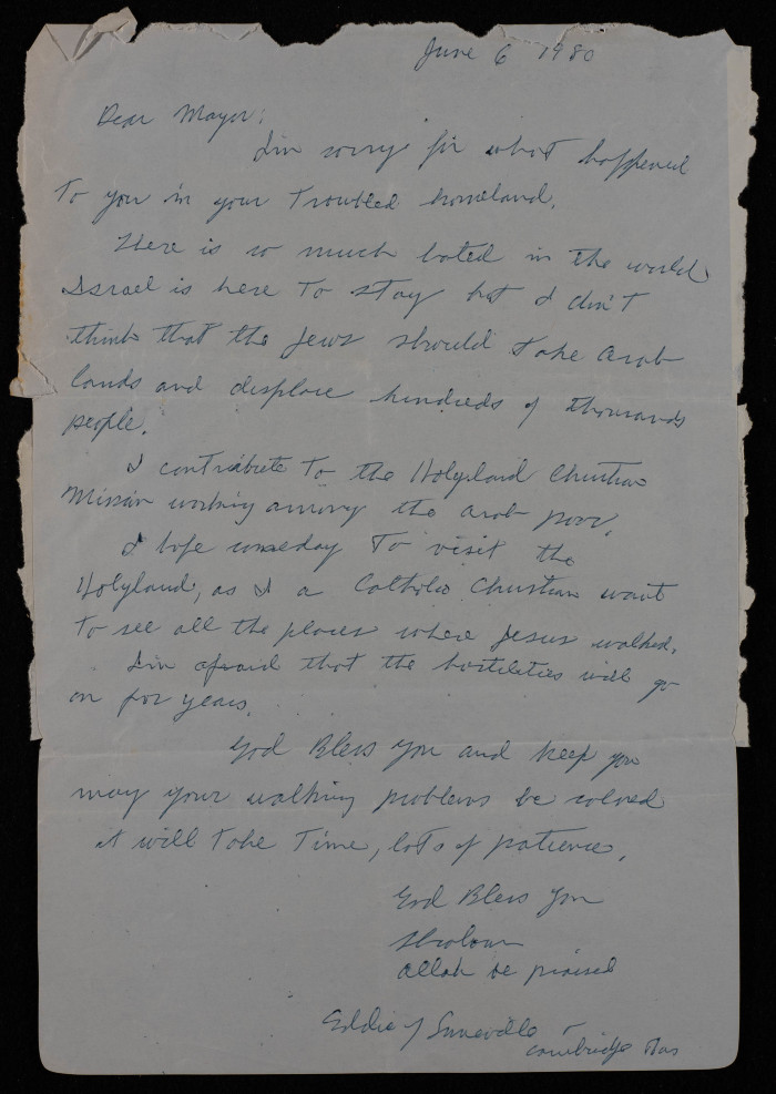 A Letter from Eddie to Nablus Mayor Bassam Shak'a, 6 June 1980