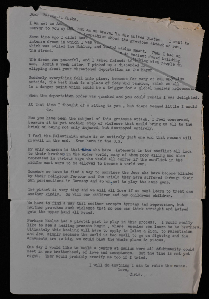 A Letter from Chris to Nablus Mayor Bassam Shak'a, June 1980