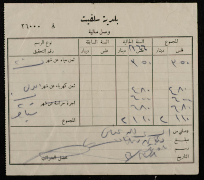 A Service Tax Receipt from Salfeet Municipality to Abdullah Afaneh, December 1976
