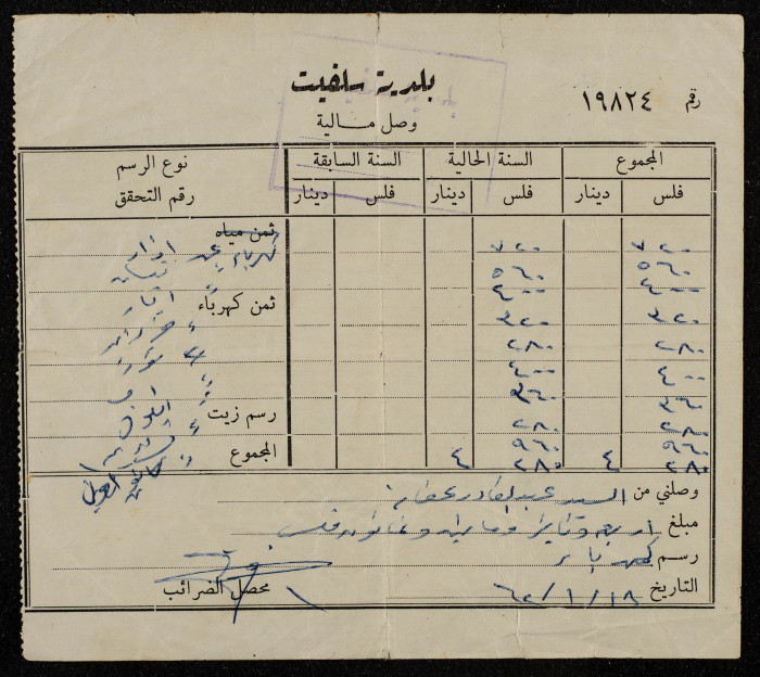 A Service Tax Receipt from Salfeet Municipality to Abdullah Afaneh, January 1962
