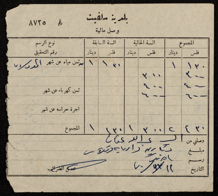 A Service Tax Receipt from Salfeet Municipality to Abdullah Afaneh, December 1970
