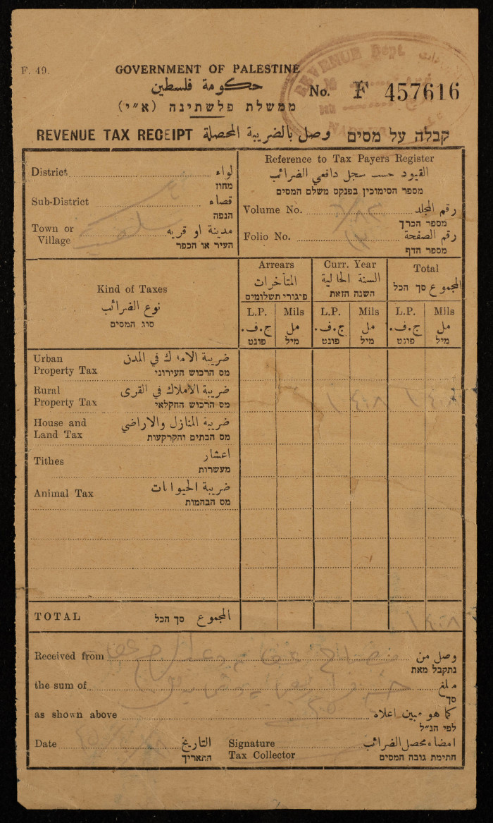 A tax receipt issued in 1945