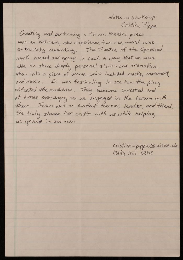 A Collection of Handwritten Notes by a Workshop Participant at Ashtar Theatre 