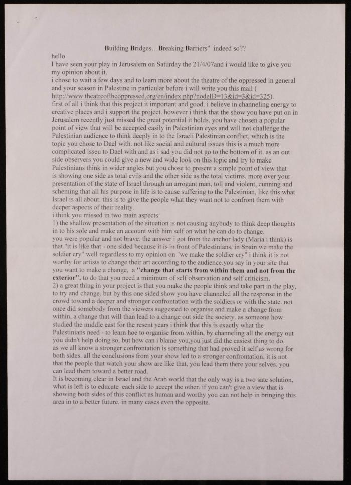 A Letter to The Theatre of the Oppressed, a Critical Review  