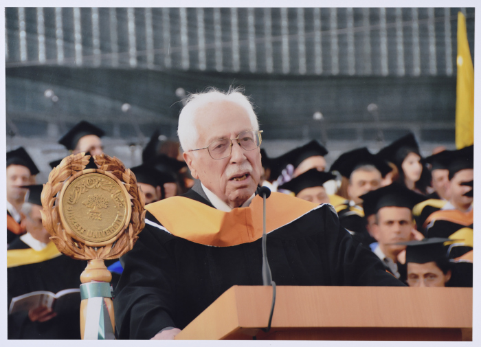 Photo of Mr. Ibrahim Dakkak when he was awarded an Honorary Doctorate in Community Development from Birzeit University during the 37th Annual Graduation Ceremony