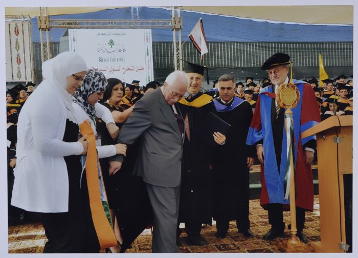 Photo of Mr. Ibrahim Dakkak when he was awarded an Honorary Doctorate in Community Development from Birzeit University during the 37th Annual Graduation Ceremony