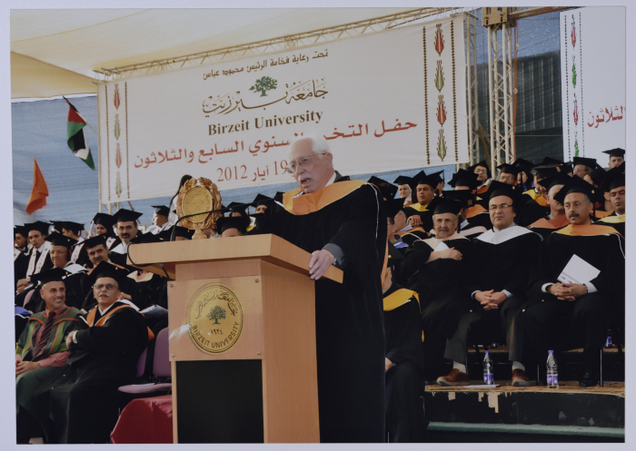 Photo of Mr. Ibrahim Dakkak when he was awarded an Honorary Doctorate in Community Development from Birzeit University during the 37th Annual Graduation Ceremony