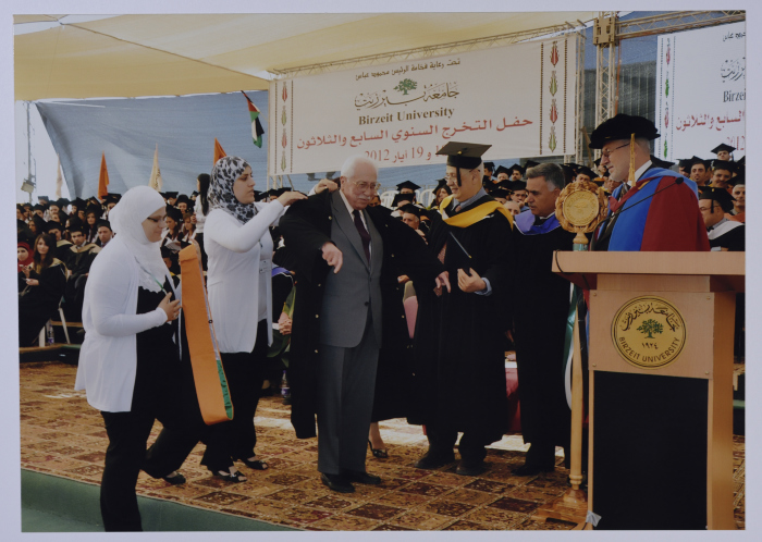 Photo of Mr. Ibrahim Dakkak when he was awarded an Honorary Doctorate in Community Development from Birzeit University during the 37th Annual Graduation Ceremony