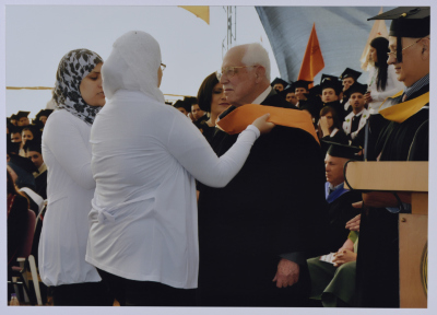 Photo of Mr. Ibrahim Dakkak when he was awarded an Honorary Doctorate in Community Development from Birzeit University during the 37th Annual Graduation Ceremony
