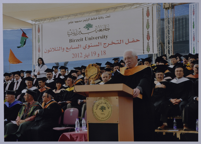 Photo of Mr. Ibrahim Dakkak when he was awarded an Honorary Doctorate in Community Development from Birzeit University during the 37th Annual Graduation Ceremony