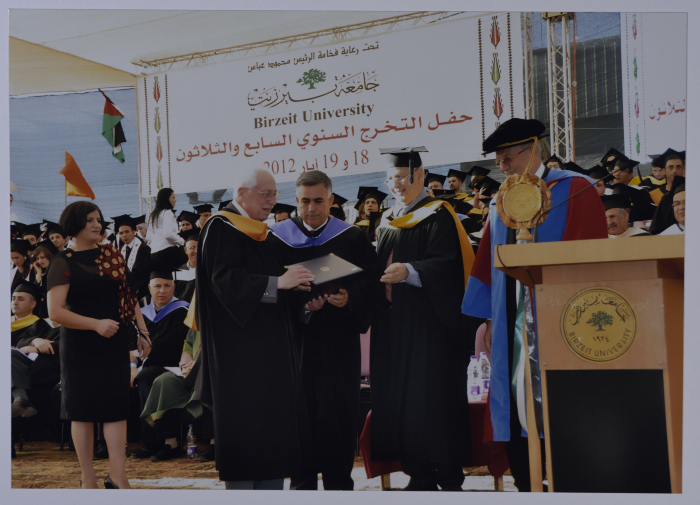 Photo of Mr. Ibrahim Dakkak when he was awarded an Honorary Doctorate in Community Development from Birzeit University during the 37th Annual Graduation Ceremony