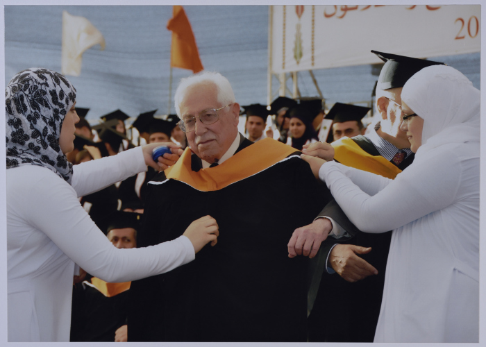 Photo of Mr. Ibrahim Dakkak when he was awarded an Honorary Doctorate in Community Development from Birzeit University during the 37th Annual Graduation Ceremony