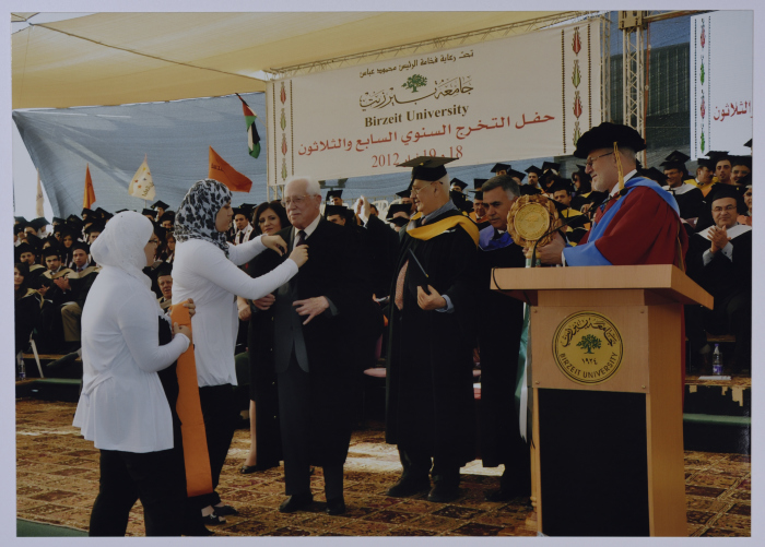 Photo of Mr. Ibrahim Dakkak when he was awarded an Honorary Doctorate in Community Development from Birzeit University during the 37th Annual Graduation Ceremony