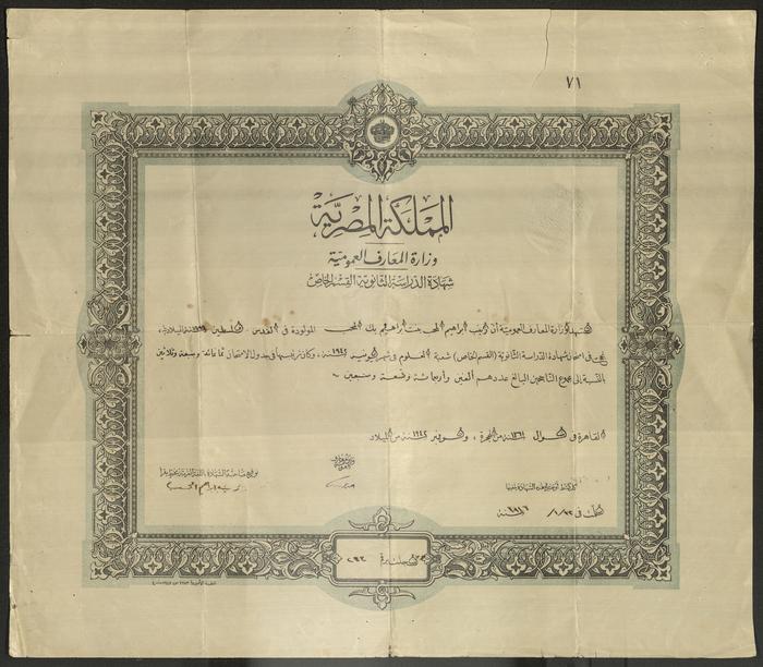 Zeinab al-Muhib's High School Certificate, Cairo, 1942