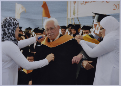 Photo of Mr. Ibrahim Dakkak when he was awarded an Honorary Doctorate in Community Development from Birzeit University during the 37th Annual Graduation Ceremony