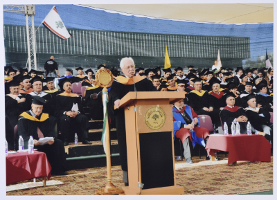 Photo of Mr. Ibrahim Dakkak when he was awarded an Honorary Doctorate in Community Development from Birzeit University during the 37th Annual Graduation Ceremony