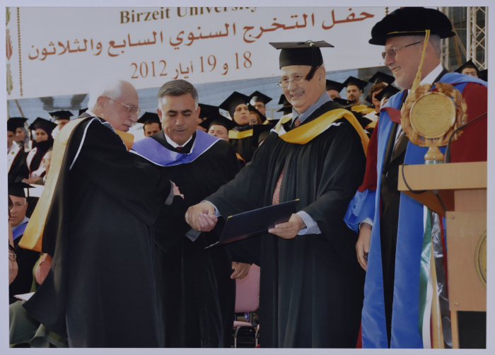 Photo of Mr. Ibrahim Dakkak when he was awarded an Honorary Doctorate in Community Development from Birzeit University during the 37th Annual Graduation Ceremony