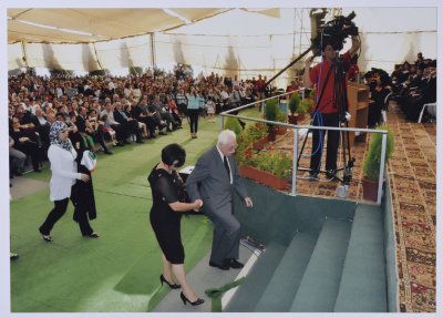 Photo of Mr. Ibrahim Dakkak when he was awarded an Honorary Doctorate in Community Development from Birzeit University during the 37th Annual Graduation Ceremony