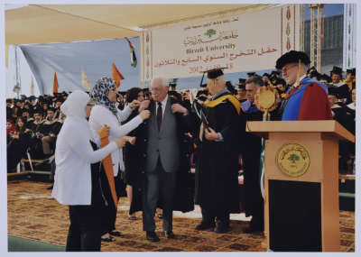 Photo of Mr. Ibrahim Dakkak when he was awarded an Honorary Doctorate in Community Development from Birzeit University during the 37th Annual Graduation Ceremony