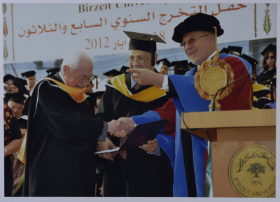 Photo of Mr. Ibrahim Dakkak when he was awarded an Honorary Doctorate in Community Development from Birzeit University during the 37th Annual Graduation Ceremony