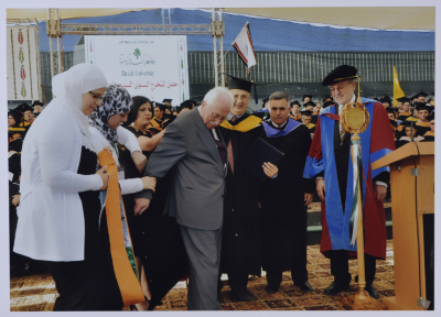 Photo of Mr. Ibrahim Dakkak when he was awarded an Honorary Doctorate in Community Development from Birzeit University during the 37th Annual Graduation Ceremony