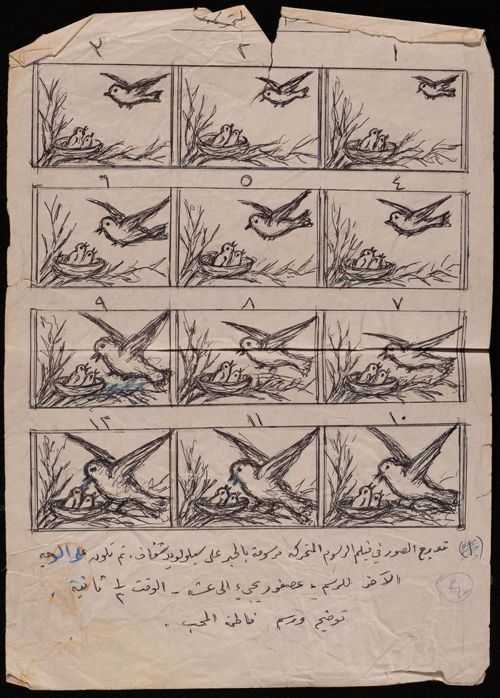 فاطمة المحب، عصفور يجيء إلى عشه، رسم بالحبر على سيلولويد شفاف