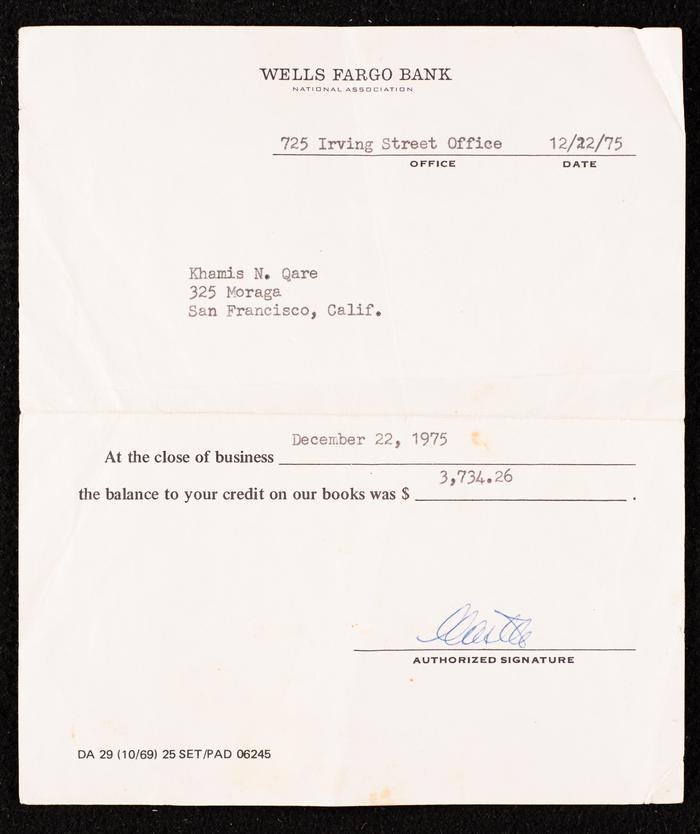 Khamis Qare's Enquiry on His Balance of Credit  at the Wells Fargo Bank 