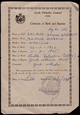 The Birth and Baptism Certificate of Salma Habash 