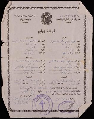 The Marriage Certificate of Nakhleh Qare and Salma Habash 