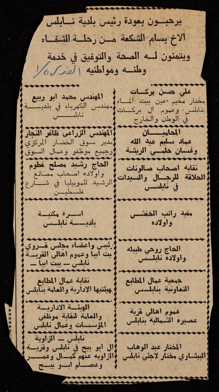 قصاصة من جريدة القدس، مجموعة من الشخصيات الفلسطينية يرحبون بعودة بسام الشكعة