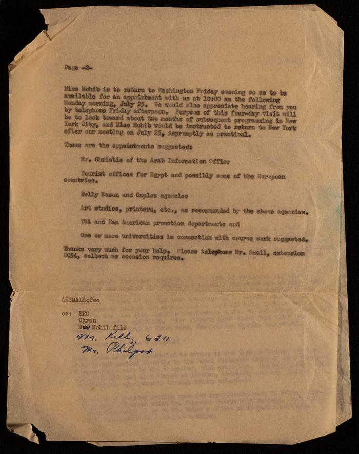 A Request for Coordinating an Art Tour for Fatima al-Muhib in the USA, 1955