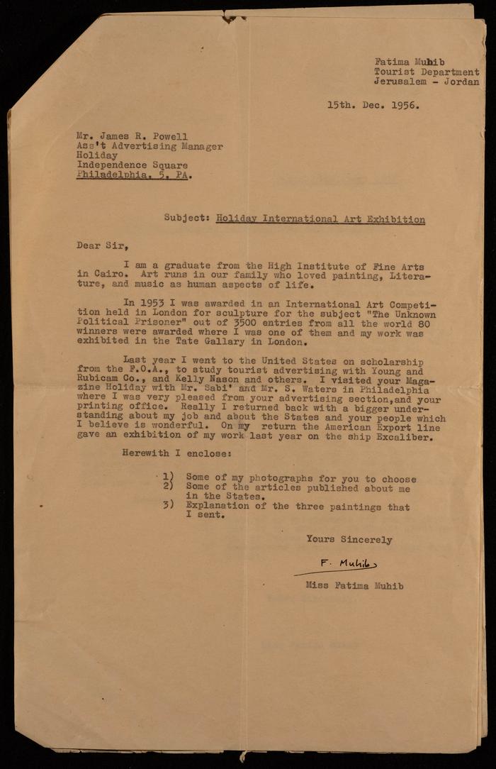 A Letter from Fatima al-Muhib to James Powell, Jerusalem, 1956