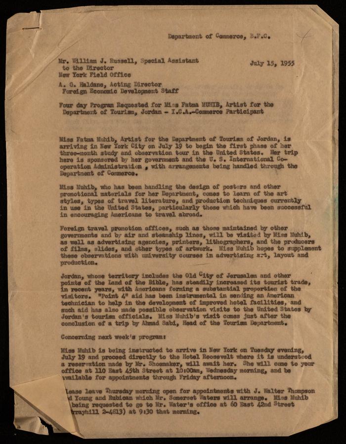 A Request for Coordinating an Art Tour for Fatima al-Muhib in the USA, 1955
