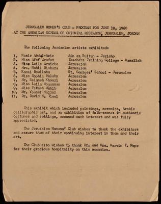 An Announcement of a Show Programme for Palestinian Artists,1960