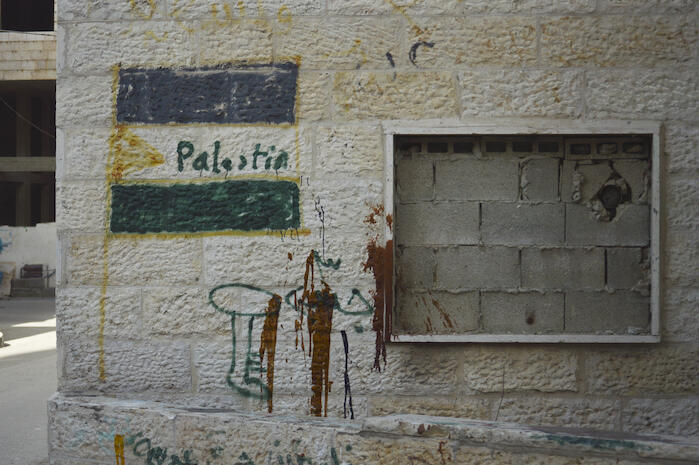 صورة لجدارية لعلم فلسطين على أحد الجدران في مخيم الدهيشة، بيت لحم، 2015