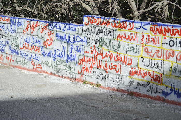 صورة لعبارات عن حقوق الإنسان على أحد الجدران في مخيم الدهيشة، بيت لحم، 2015 